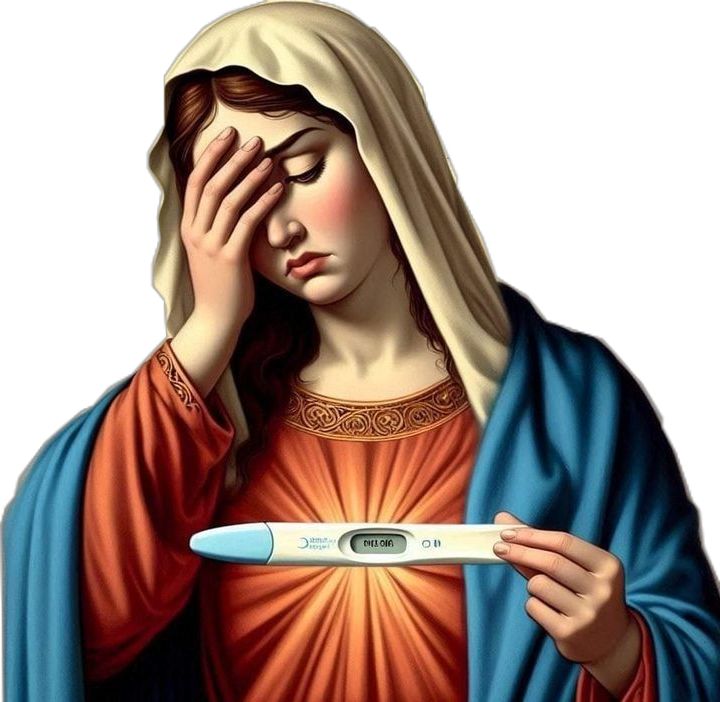 The virgin Mary taking a pregnancy test